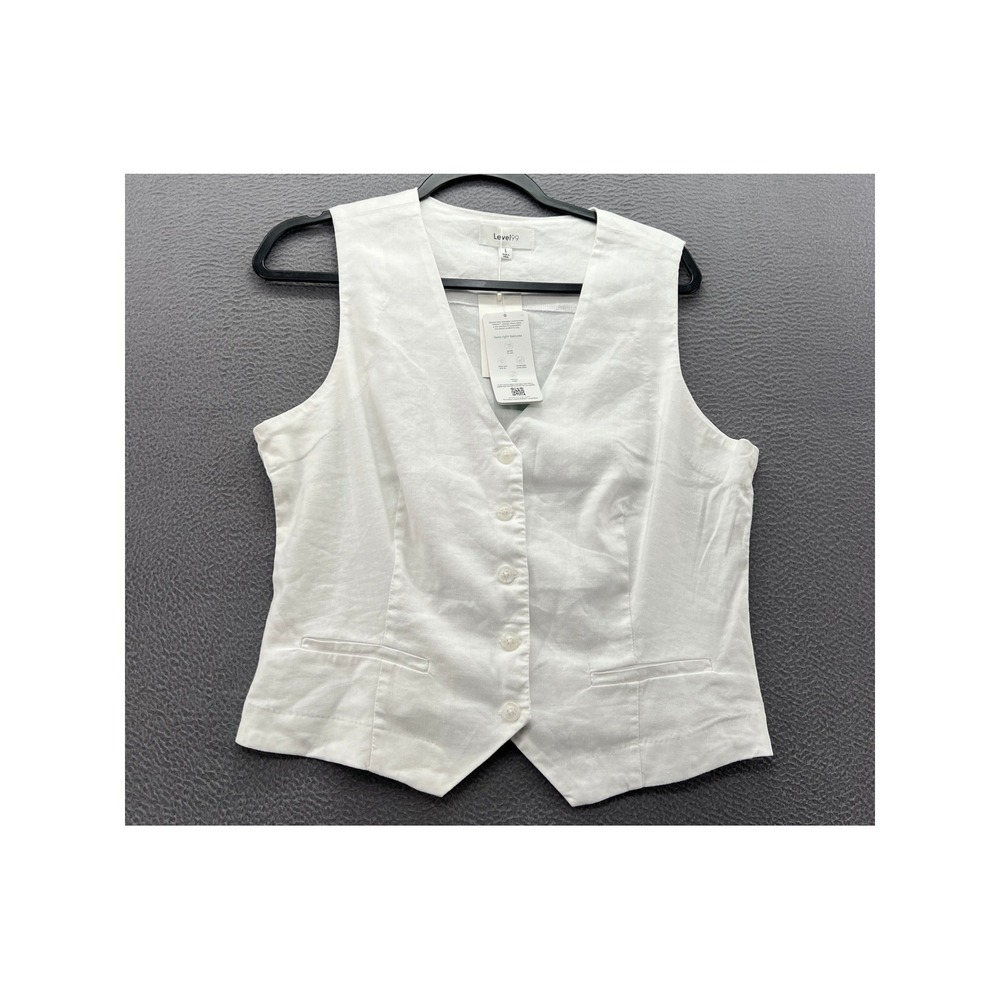 Level 99 Vest White Tencel Herringbone Button Front Tailored Waistcoat Large NWT